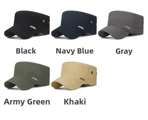 Close-up of military flat top caps showing metal eyelets and outdoor style leather patch