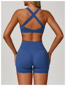 Detail of cross-back sports bra and high-waisted lifting shorts in blue athletic fabric