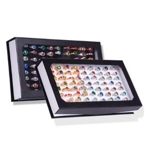 100-slot black leather jewelry display box with clear lid for rings and earrings