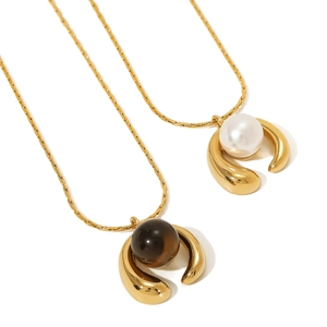 French vintage geometric stainless steel necklace with natural pearl and brown gemstone