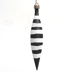 Elegant black and white striped teardrop Christmas ornament with frosted texture finish