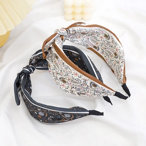 Fashionable paisley print fabric headband with bow knot and contrast borders for women