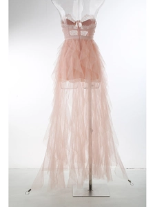 Detailed view of pink lace corset bodice with layered tulle mesh evening dress