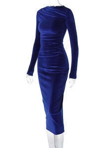 Detail view of royal blue velvet slim fit dress with elegant side ruching and texture