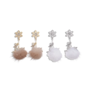 Christmas snowflake reindeer earrings with rhinestones and fluffy fur balls in gold and silver