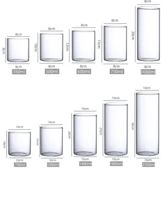 Detailed size specifications for cylindrical borosilicate glass hydroponic plant vases