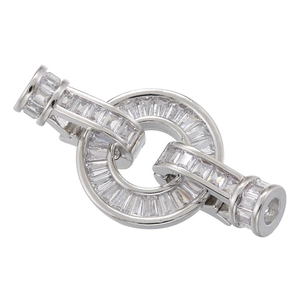 Detail of silver-plated copper clasp with baguette zircons and geometric toggle design