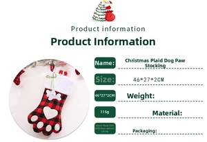 Detail specifications of Christmas dog paw stocking with red and black buffalo plaid design