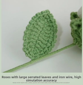 Macro detail of handmade crochet green leaf with wire support for DIY flower bouquets