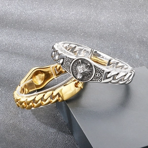 Punk stainless steel wolf head medallion cuban link bracelet in silver and gold finish