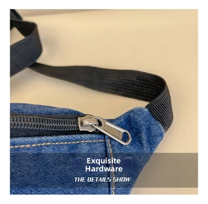 Detail of durable blue denim kids crossbody bag with metal zipper and contrast stitching