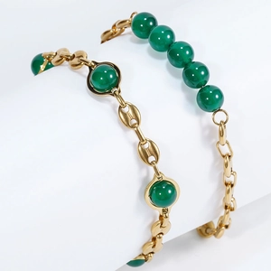Vintage Stainless Steel 18K Gold Plated Bracelet For Women Elegant Coffee Bean Chain Green Artificial Jade Beads Jewelry