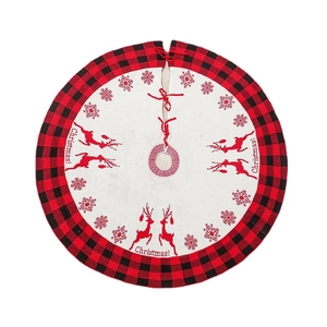 48 inch red and white knitted Christmas tree skirt with reindeer and snowflake patterns