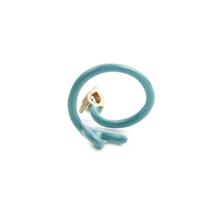 Spiral gold ring with teal enamel and pear-cut crystal in a modern geometric style