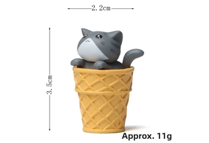 Miniature gray cat figurine in ice cream cone with dimensions 2.2cm x 3.5cm and weight 11g
