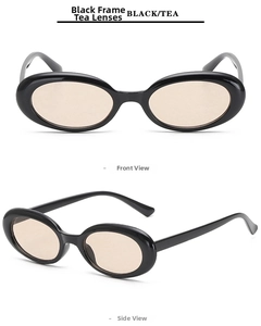 Retro oval black frame sunglasses with tea lenses showing front and side views