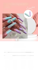 Detail of mint green and lavender purple press-on nails with glitter and rhinestones