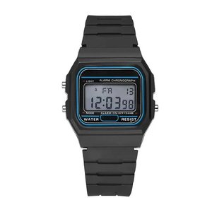 Classic black digital sports watch with LCD screen showing alarm and stopwatch features