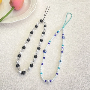 Fashionable geometric beaded phone straps with crystal resin flowers and evil eye beads