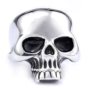 Gothic punk style stainless steel skull ring with polished silver finish and vintage details