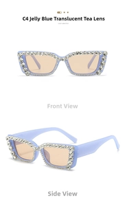 Detail view of square jelly blue sunglasses with crystal rhinestones and tea lenses