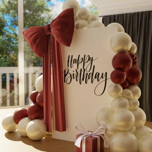 Close-up of birthday wall decor with red velvet bow, white sign and colorful balloon arch