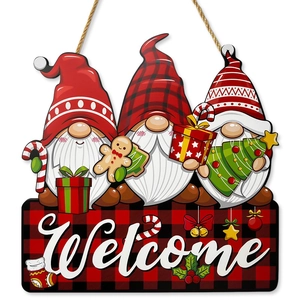 Christmas gnome welcome sign with red buffalo plaid pattern and wooden hanging pendants