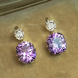Vintage Copper Drop Earrings With Purple Cushion Cut Zircon And White Round Gems Geometric Dangle Jewelry For Women