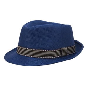 Navy blue straw fedora hat with brown striped band shown from a side front angle