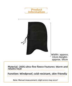 Detail view of black fleece balaclava showing 33cm by 54cm dimensions and soft material
