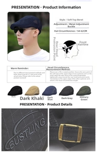 Detail of adjustable metal buckle and breathable fabric on the unisex beret hat
