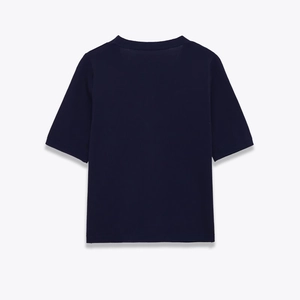 Dark blue short sleeve sweater in fine wool knit texture, back view on grey background