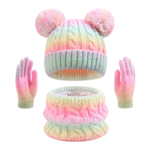 Kids rainbow gradient cable knit set including double pompom hat scarf and gloves