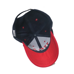 Detail view of cotton USA baseball cap interior with cross-strap and washing label