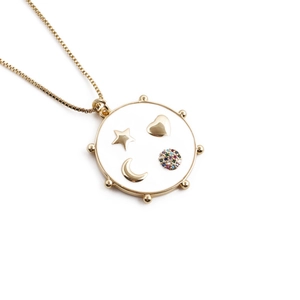 Golden moon star and heart enamel pendant necklace with colorful gemstones on white background