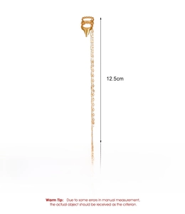 Detailed size and material specs for the long gold tassel elf ear cuff chain