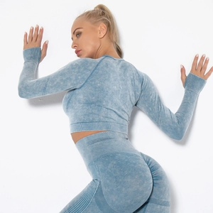 Detail of acid wash seamless yoga set with thumb holes and scrunch butt lifting effect