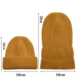 Unisex ginger yellow knit beanie showing both folded 20cm and 33cm full length dimensions