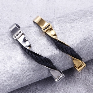 Bracciale alla moda in pelle intrecciata e acciaio al titanio con cristalli oro e argento