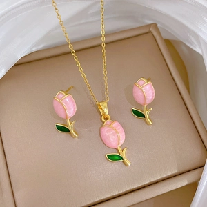 Elegant Pink Tulip Flower Jewelry Necklace And Earrings Enamel Petal Zircon Encrusted Titanium Steel Copper French Style