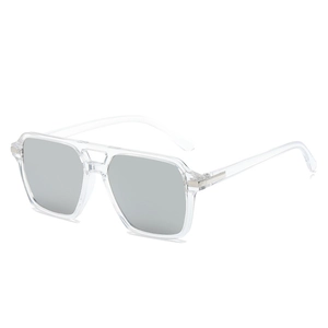 Classic square double-bridge sunglasses with clear frames and silver mirrored lenses