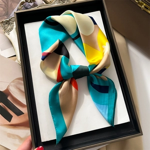 Elegant dopamine print square silk scarf with geometric color block for hair or neck