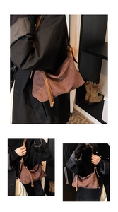 Three-view layout of a brown suede shoulder bag showing detailed side and front views
