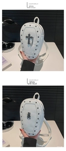 Gothic white mini backpack with metal cross and skull studs in a vertical split view