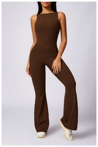 Detailed back view of dark brown sleeveless yoga jumpsuit with flare leg cut and high-stretch fabric