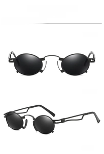 Multiple views of small oval punk sunglasses with metal frames in solid black