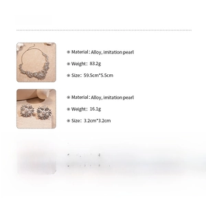 Specifications for silver pearl necklace and earrings set with detailed dimensions