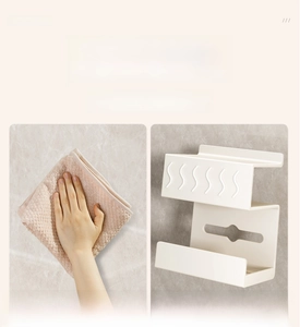 Step-by-step wall installation guide for a white adhesive tissue box and bathroom shelf