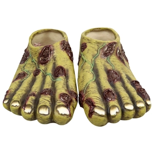 Halloween monster zombie feet props with green skin and bloody wound details on white