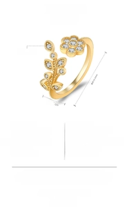 Detail showing dimensions and stone count of the gold flower open ring for women